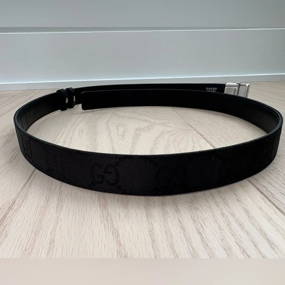 Gucci Men’s GG Canvas Belt Black 110/44 Silver Clamp Buckle Italy